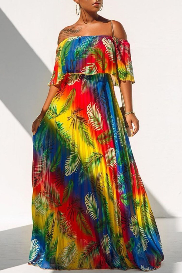 

Lovely Bohemian Flounce Print Yellow Maxi Dress