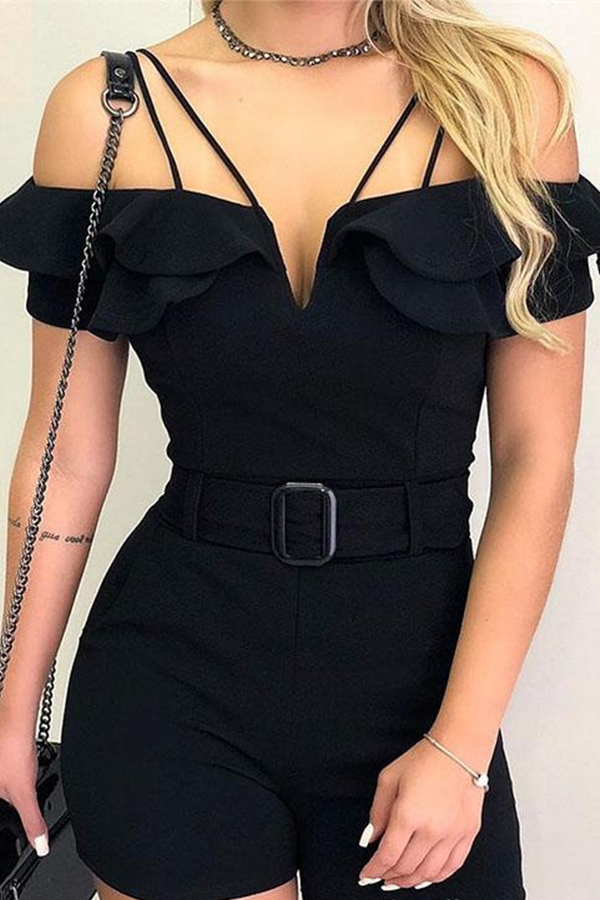 

Lovely Casual Flounce Black One-piece Romper, Red
