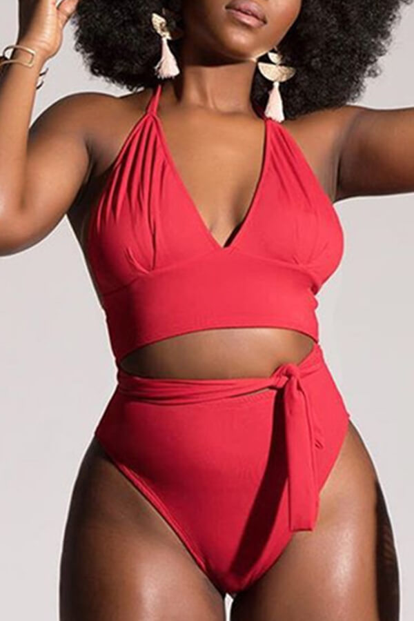 

Lovely V Neck Red Two-piece Swimsuit