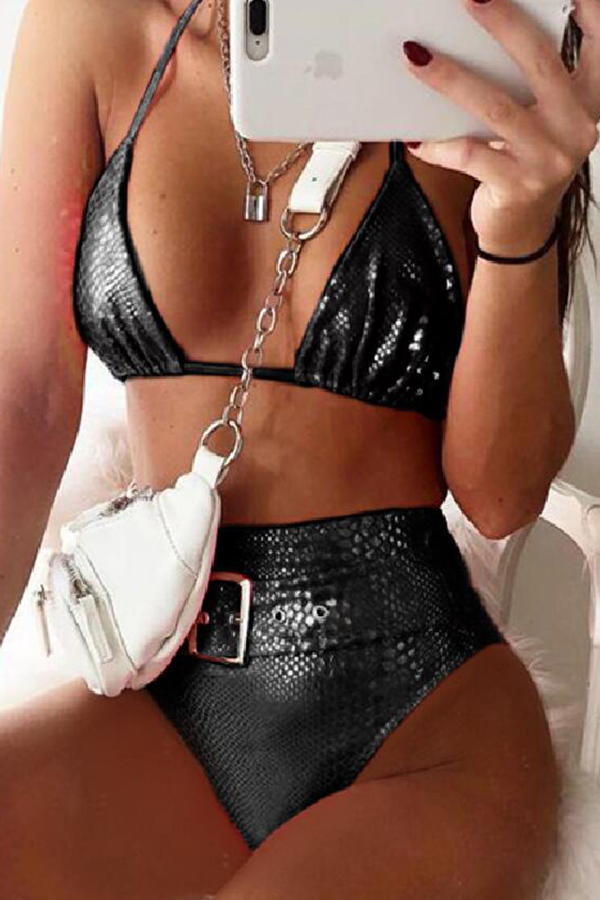 

Lovely Lace-up Black Two-piece Swimsuit