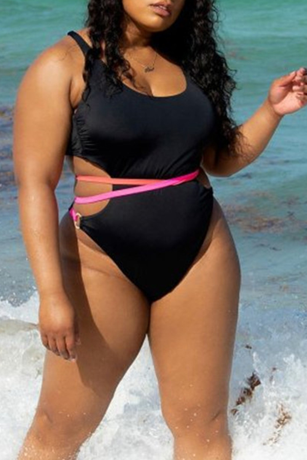 Lovely Lace-up Black Plus Size One-piece Swimsuit