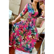 Lovely Chic Deep V Neck Floral Print Red Maxi Dres