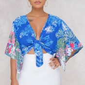Lovely Casual Floral Print Blue Blouse