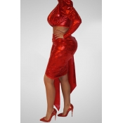 Lovely Sexy One Shoulder Red Two-piece Skirt Set