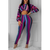 Lovely Casual Striped Purple Two-piece Pants Set