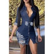 Lovely Chic Hollow-out Deep Blue Knee Length Dress