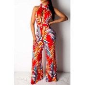 Lovely Work Print Basic Red One-piece Jumpsuit