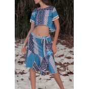 Lovely Bohemian Print Blue Two-piece Skirt Set