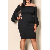 Lovely Casual Dew Shoulder Black Knee Length Plus 