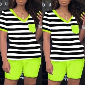 Lovely Casual Striped Green Two-piece Shorts Set
