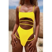 Lovely Hollow-out Yellow Two-piece Swimsuit
