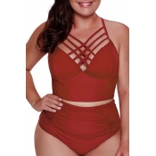 Lovely Chi Hollow-out Wine Red Plus Size Two-piece