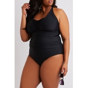 Lovely Sleeveless Black Plus Size One-piece Swimsu