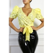 Lovely Trendy V Neck Lace-up Yellow Blouse