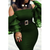 Lovely Casual Flounce Deep Green Mid Calf Plus Siz
