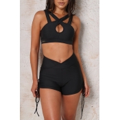 Lovely Casual Crop Top Holow-out Black Two-piece S