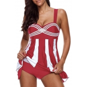 Lovely Striped Red Plus Size Two-piece Swimsuit