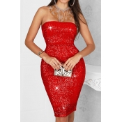 Lovely Party  Sequined Red Knee Length Dress