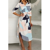 Lovely Casual Geometric Print White Mid Calf  Dres