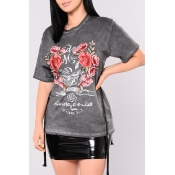 Lovely Casual Print Grey T-shirt