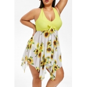 Lovely Print Yellow Plus Size Two-piece Swimsuit