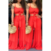 Lovely Chic Crop Top Red Two-piece Pants Set