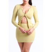 Lovely Casual Basic Skinny Light Yellow Two-piece 