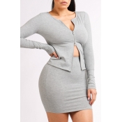 Lovely Casual Basic Skinny Grey Two-piece Skirt Se