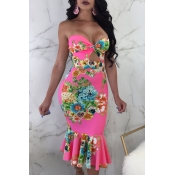 Lovely Chic Print Flounce Rose Red Mid Calf Dress