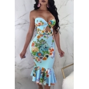 Lovely Chic Print Flounce Baby Blue Mid Calf Dress
