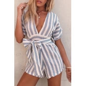Lovely Chic Deep V Neck Striped Blue One-piece Rom