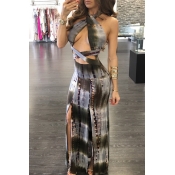 LW Chic Hollow-out Print Grey Ankle Length Dress