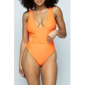 Lovely Basic Orange One-piece Swimsuit
