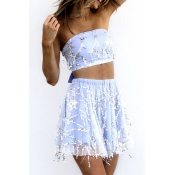 Lovely Chic Dew Shoulder Baby Blue Two-piece Skirt