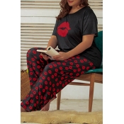 Lovely Casual Print Black Plus Size Two-piece Pant