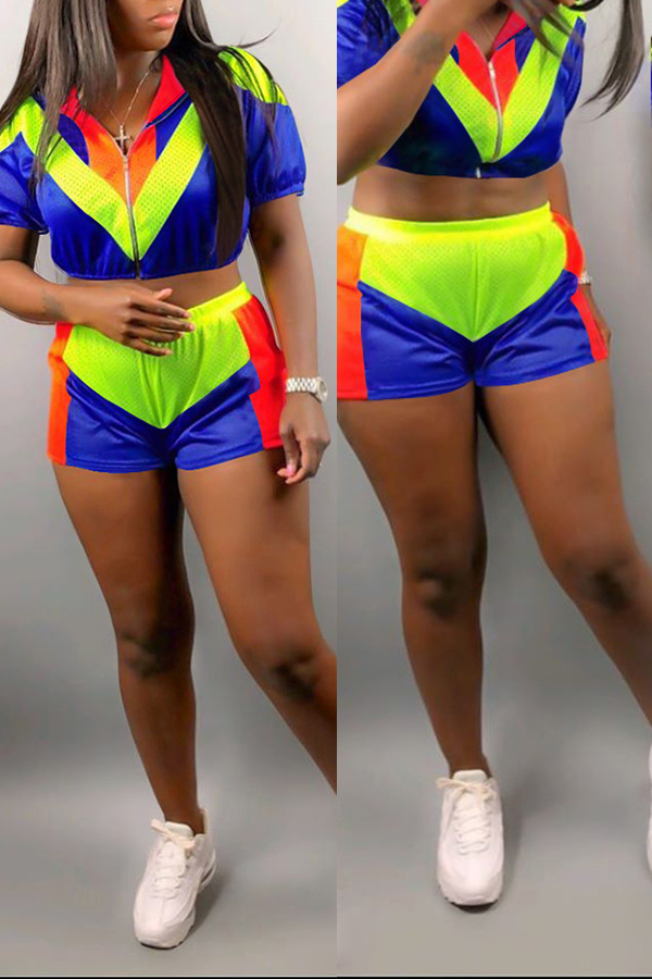 

Lovely Chic Patchwork Blue Two-piece Shorts Set