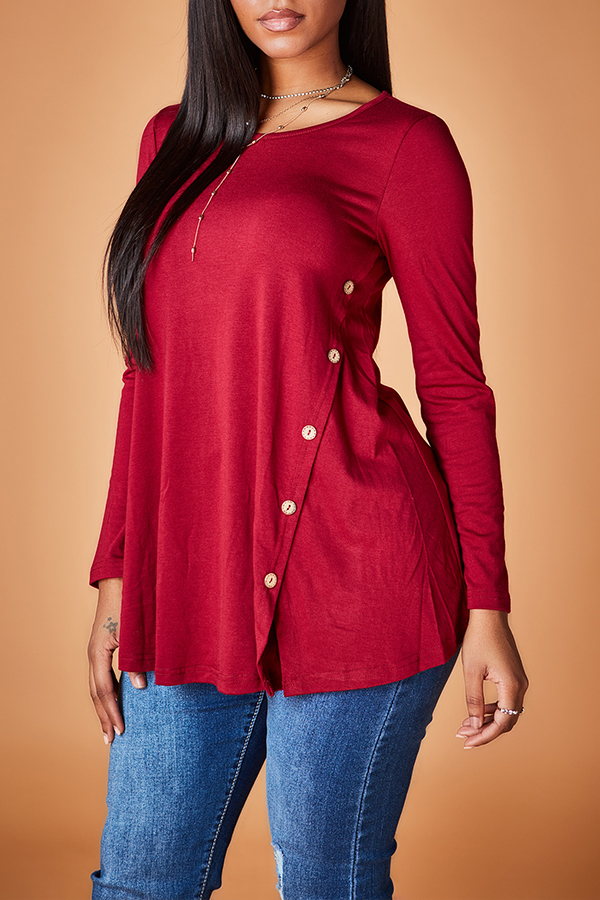 

Lovely Chic Button Wine Red T-shirt