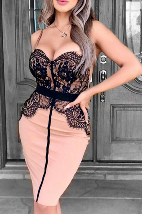 

Lovely Casual Sleeveless Patchwork Dusty Pink Knee Length Dress