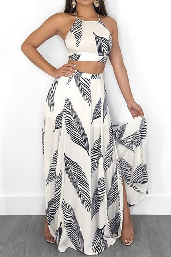 

Lovely Bohemian Print White Two-piece Skirt Set