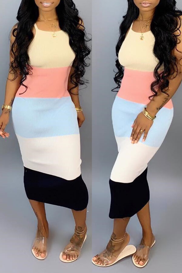 

Lovely Casual Striped Multicolor Mid Calf Dress, Multicolor stripe