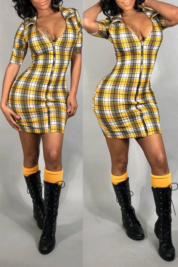 

Lovely Casual Plaid Print Yellow Mini Dress