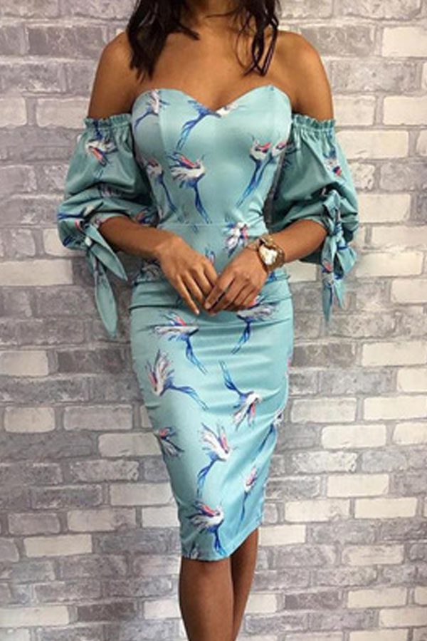 

Lovely Sweet Print Baby Blue Knee Length Dress