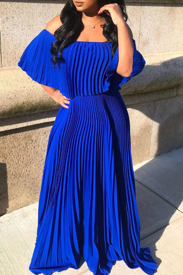 

Lovely Bohemian Fold Design Blue Maxi Dress