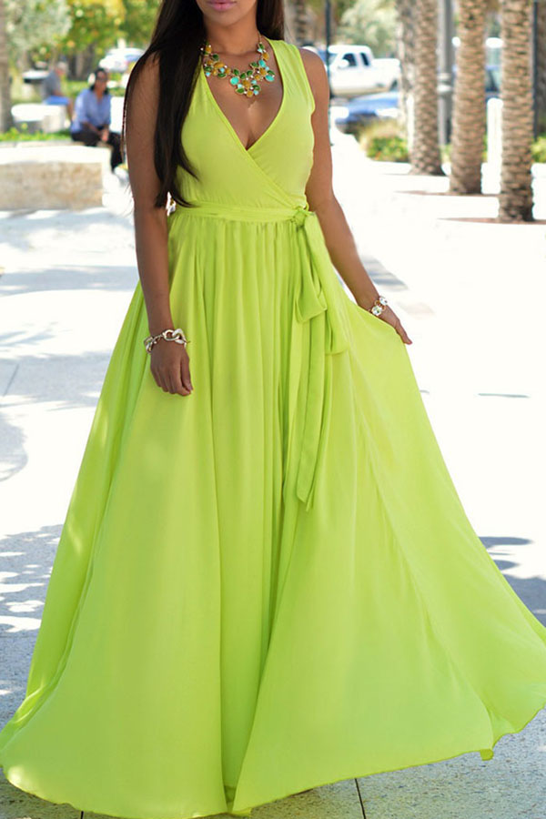 

Lovely Chic V Neck Light Green Maxi Dress