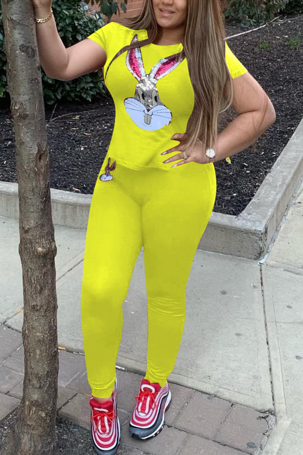 

Lovely Casual Print Yellow Two-piece Pants Set