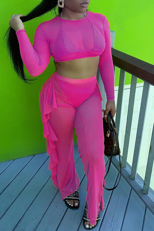 

Lovely Casual Flounce Rose Red Two-piece Pants Set
