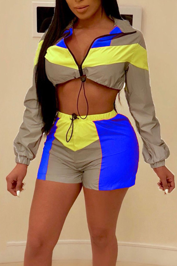 

Lovely Casual Patchwork Black Two-piece Shorts Set, Blue