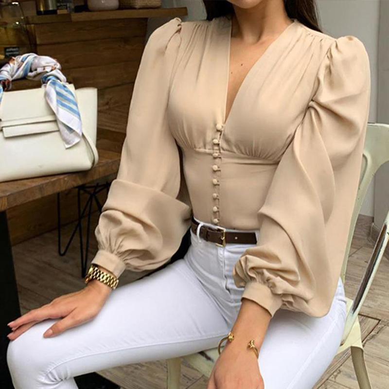 

Lovely Work V Neck Khaki Blouse