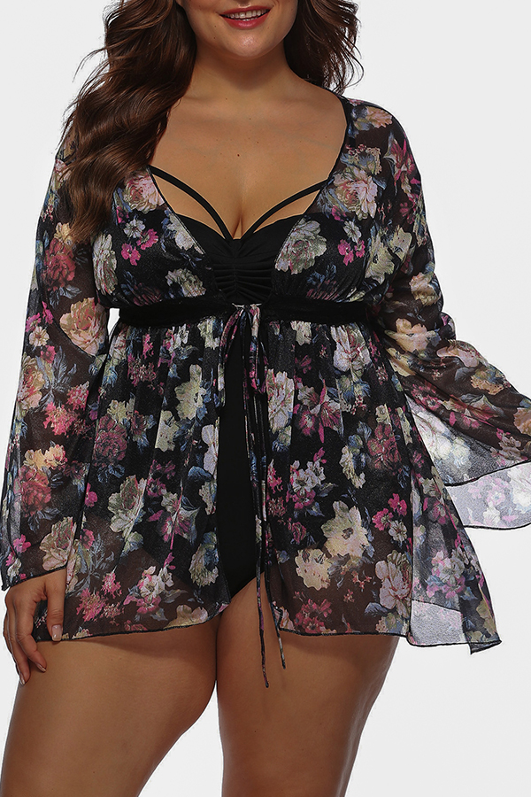 

Lovely See-through Print Black Beach Shirt