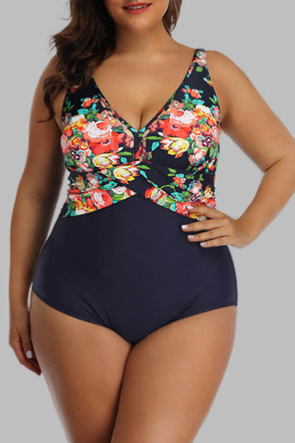 

Lovely Print Dark Blue Plus Size One-piece Swimsuit